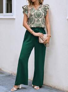 SHEIN Clasi 2pcs Women's Vacation Casual Full Print Shirt And Pants Set - Green - View 5