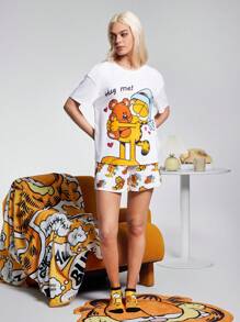 GARFIELD | SHEIN Bộ đồ ngủ cổ tròn tay ngắn in chữ và họa tiết hoạt hình dành cho nữ, mùa hè - trắng - Xem 5