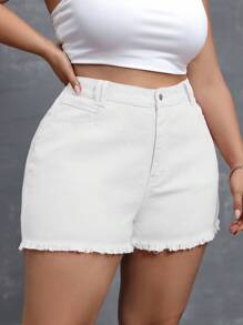 SHEIN Essnce 大码夏季纯色磨边口袋牛仔短裤 - 白色 - 查看 3