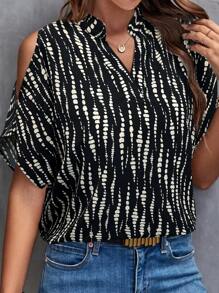 SHEIN LUNE Women Casual Full Print Off Shoulder Notch Neck Blouse, Suitable For Commuting,Casual - Black - View 6