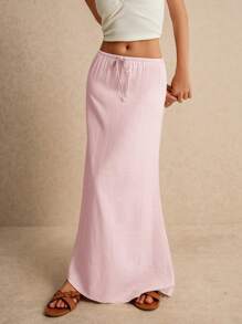 Poéselle Women's Skirt, Floor Length Maxi Skirt, Tie At Waist, Cute Skirt, Low Waist Skirt - Baby Pink - View 2