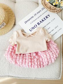 SHEIN 女婴可爱针织杏色短袖上衣和松紧腰泡泡下摆裙子两件套，夏季 - 彩色 - 查看 7