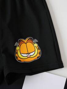 GARFIELD | SHEIN 2pcs Baby Boy Knitted Cartoon Cat Print Round Neck T-Shirt And Shorts Set - Black and White - View 7