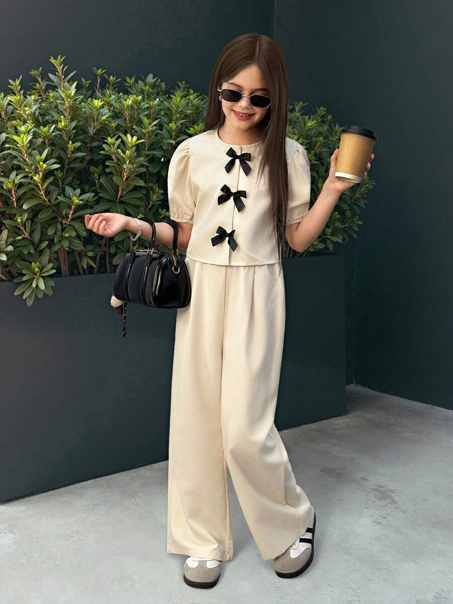 SHEIN Nova Glow Tween 女童休闲时尚圆领泡泡袖上衣和裤子套装