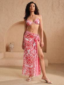 Swim Oasis Conjunto de bikini sexy estampado barroco con pareo y falda para mujer, ideal para el verano y la playa