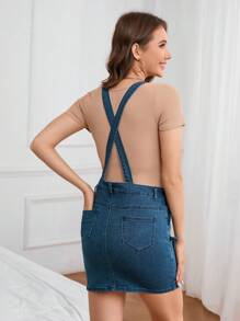 SHEIN Maternity Denim Overall Dress With Pockets & Side Button Design - Medium Wash - View 2