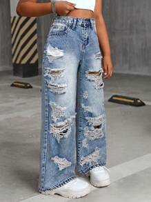 SHEIN Tween Girl Y2K Loose Fit Casual Denim Pants With Pockets And Wide Legs, Kids Fall Back To School Denim Jeans, Kid Tween Girl Spring And Summer Casual Vacation Country Boho Wear, Beach For Kid Tween Girl, Western Street Wear For Girl, Spring Break, Rave Festival Denim Jeans - Light Wash - View 2