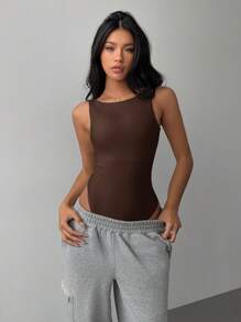 SHEIN BASICS Casual Solid Color Knitted Backless Bodysuit For Women Summer Outfit For Women - Brown - View 3