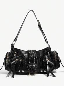 SHEIN ICON Ladies, Women Shoulder Bag, Hobo Bag, Fashionable, Personalized, Simple, Versatile, Street, Sweet And Cool Girls, Hot Girls, Y2k, Rivets, Biker Style, Punk, Teenagers, New Arrival Tote Bags For Woman , Goth - Black - View 3
