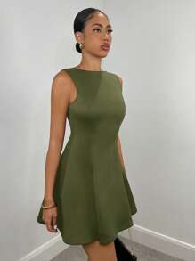 SHEIN BAE Vestido elegante con cintura ceñida y estilo evasé sin mangas de unicolor, adecuado para primavera, verano, vacaciones y citas