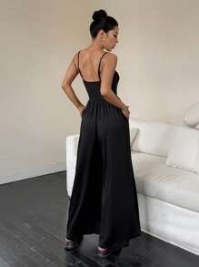 SHEIN PETITE 针织修身背心和阔腿及地连体裤，适合娇小女性，春夏 - 黑色 - 查看 2