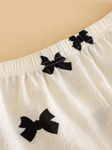 Girls Teen Apricot Base Black Bow Print Lapel Cardigan Short Sleeve Shorts Casual Loose Pajama Set, Summer,Travel - Apricot - View 4