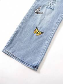 女童破洞蝴蝶印花阔腿牛仔裤 - 淺色水洗藍 - 查看 3