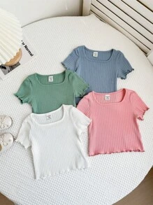 Set de 4 blusas de manga corta con volantes y diseño de niña de unicolor casual para bebé - Multicolor - Ver 3