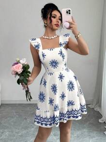 Elenzga Vestido corto casual para vacaciones y trabajo con mangas con volantes, diseño de nudo a la espalda y estampado en la cintura - Azul - Ver 7