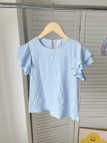 SHEIN Tween Girls Textured Woven Round Neck Ruched Ruffle Trim Fitted Casual Top, Holiday Vibe, French Elegance, Suitable For Spring Outing And Vacation - Baby Blue - View 3
