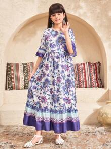 SHEIN Leap Crew Tween 女童休闲复古印花荷叶边下摆宽松长款度假连衣裙 - 藏蓝色 - 查看 5