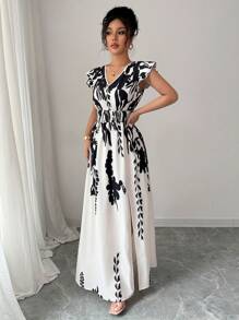 Rafferiza 女士 V 领蝴蝶袖夏威夷风格花卉印花长裙超长度假海滩装