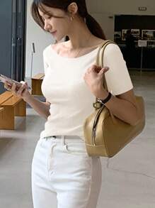 DAZY 女士圆领修身短袖优雅 T 恤，灰色，春夏，商务休闲女士 - 白色 - 查看 4