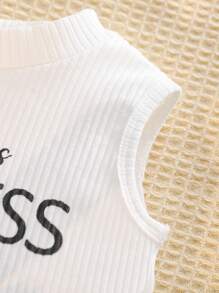 SHEIN 女婴半高领短款图案印花棉质罗纹上衣和百褶裙 2 件套 - 白色 - 查看 5