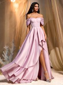 Glamrae Elegant Luxurious Off-Shoulder Puff Sleeve Ruffle Hem Dress, Suitable For Wedding, Single Party, Vacation, Ball, Banquet (Heavy-Duty)