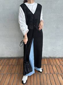 TrendSteals Damen Schwarze Oversized Lang Strickjacke, Hohlmuster Design, Resort Kleidung, Herbstmode - Schwarz - Übersicht 1