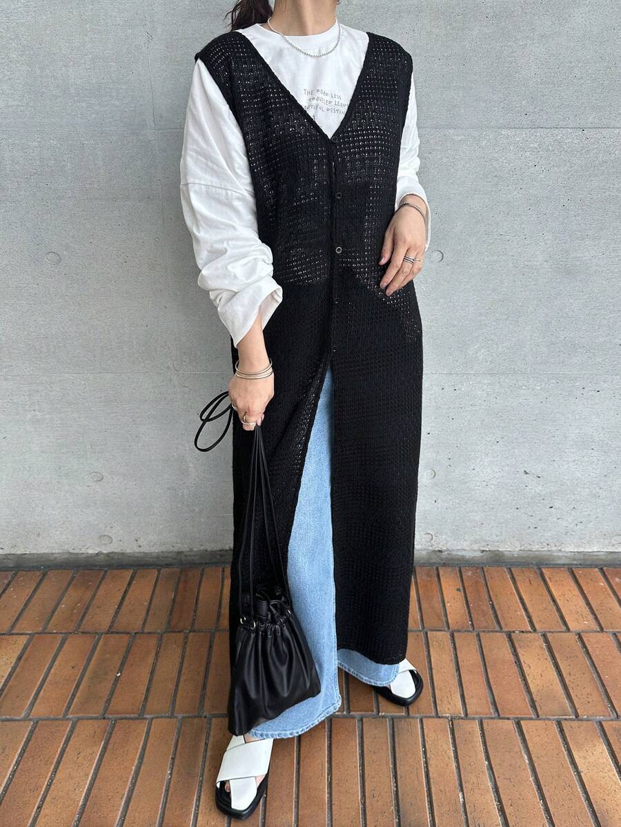 TrendSteals 女式黑色超大长款开衫上衣,镂空网眼设计,度假装,秋装 - 黑色 - 查看 1