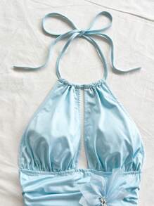 Soleia Women's Blue Vacation Knitted Halter Neck Blouse With Waist Ruching,Rave Top - Baby Blue - View 6