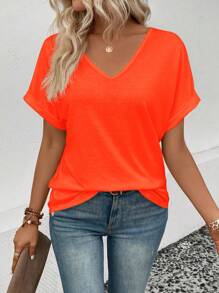 SHEIN LUNE Women Drop Shoulder V-Neck T-Shirt - Orange - View 6