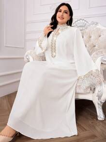 Al Najma Große Größen Damen elegantes Pailletten Patchwork Langarm Arabischer Stil Kleid, Luxus Kleid für Frauen, Islamisches Kleid für Frauen, dezent