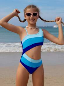 SHEIN Traje de baño de una pieza para niña preadolescente con diseño asimétrico de cuello y bloque de color, corte en la cintura, ideal para vacaciones en la playa