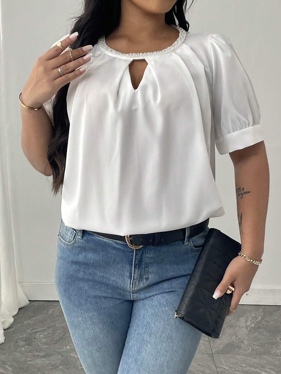 Flirla Plus Size Women Solid Color Keyhole Neck Short Puff Sleeve Casual Blouse - White - View 1