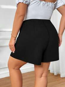 SHEIN CURVE+ Plus Size Women Elegant Black Asymmetric Bow Crystal Decor Basic Shorts - Black - View 2