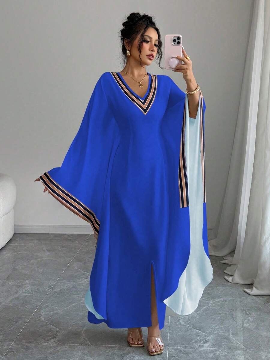 Elenzga V-Neck Long Asymmetrical Hem Printed Dress For Women - Blue - View 1