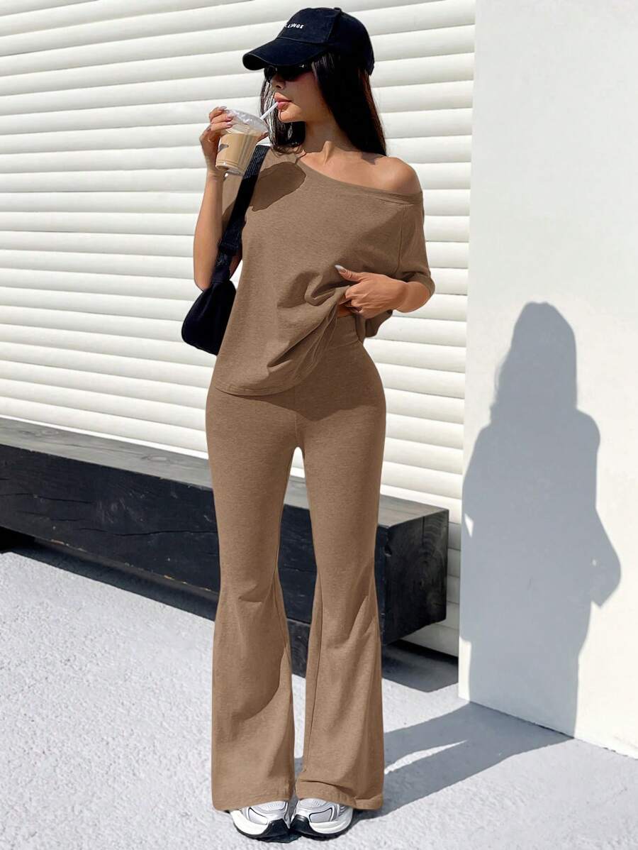 SHEIN EZwear Solid Color Off-Shoulder T-Shirt And Flare Pants 2 Pieces Set - Coffee Brown - View 1