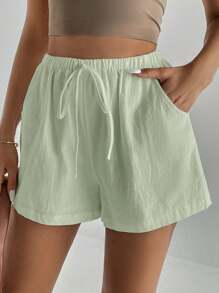 SHEIN Tall Women's Casual Mint Green Mini Shorts: Woven Fabric Drawstring Summer Shorts With Pockets - Mint Green - View 1