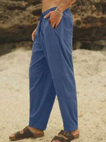 Manfinity VCAY Calça Casual Reta com Cintura Elástica Trançada Masculina, Adequada para o Verão - Azul - Visão 2