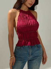 SHEIN PETITE Women's Adjustable Tie Strap Ruched Layered Semi-Sheer Romantic Date Cropped Camisole