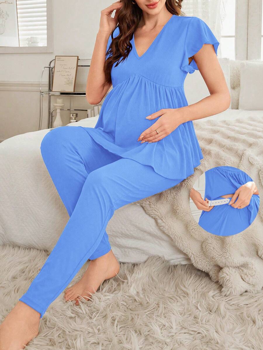 Maternity 2pcs Set New Spring/Summer Sleepwear, V-Neck Ruched Loose Casual Short Sleeve Top And Skinny Long Pants - Blue - View 1
