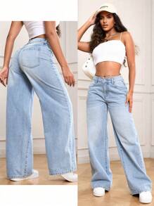 SHEIN PETITE Casual Washed Loose Straight-Leg Denim Jeans Y2k - Light Wash - View 4