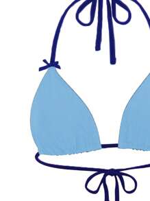 Traje de baño de una pieza de unicolor con escote halter y espalda descubierta con lazo, conjunto de bikini encantador - Azul - Ver 4