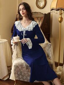 Côtesoire 法式复古蕾丝拼接彼得潘领长袖睡裙娃娃衫，适合女士假日季穿着，舒适优雅，秋冬季皆宜。 - 藏蓝色 - 查看 3