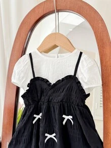 SHEIN 2 pièces Ensemble robe à bretelles mignonne avec nœud papillon et Top à manches courtes pour bébé fille, été