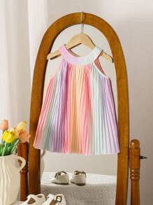 Baby Girls' Colorful Ombre Pleated Halter Neck Casual Vacation Dress, Spring/Summer - Multicolor - View 4