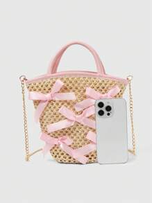 ROMWE Kawaii Cute Bow Decor Woven Handbag For Women, Pink - Multicolor - View 3
