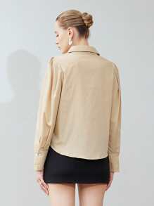 SHEIN Privé Solid Button Front Shirt Button Up Shirt Women  Fall Cloth For Women - Khaki - View 2