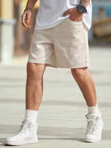 Manfinity Homme Quần short denim ống rộng nhiều túi, dáng rộng thoải mái cho nam cỡ lớn - Màu be - Xem 7