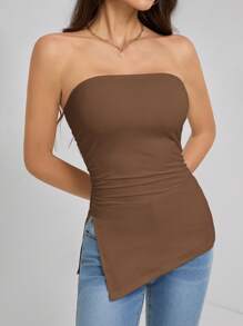 SHEIN Tall Women's Solid Color Ruched Side Slit Fitted Tube Top - Brown - View 1