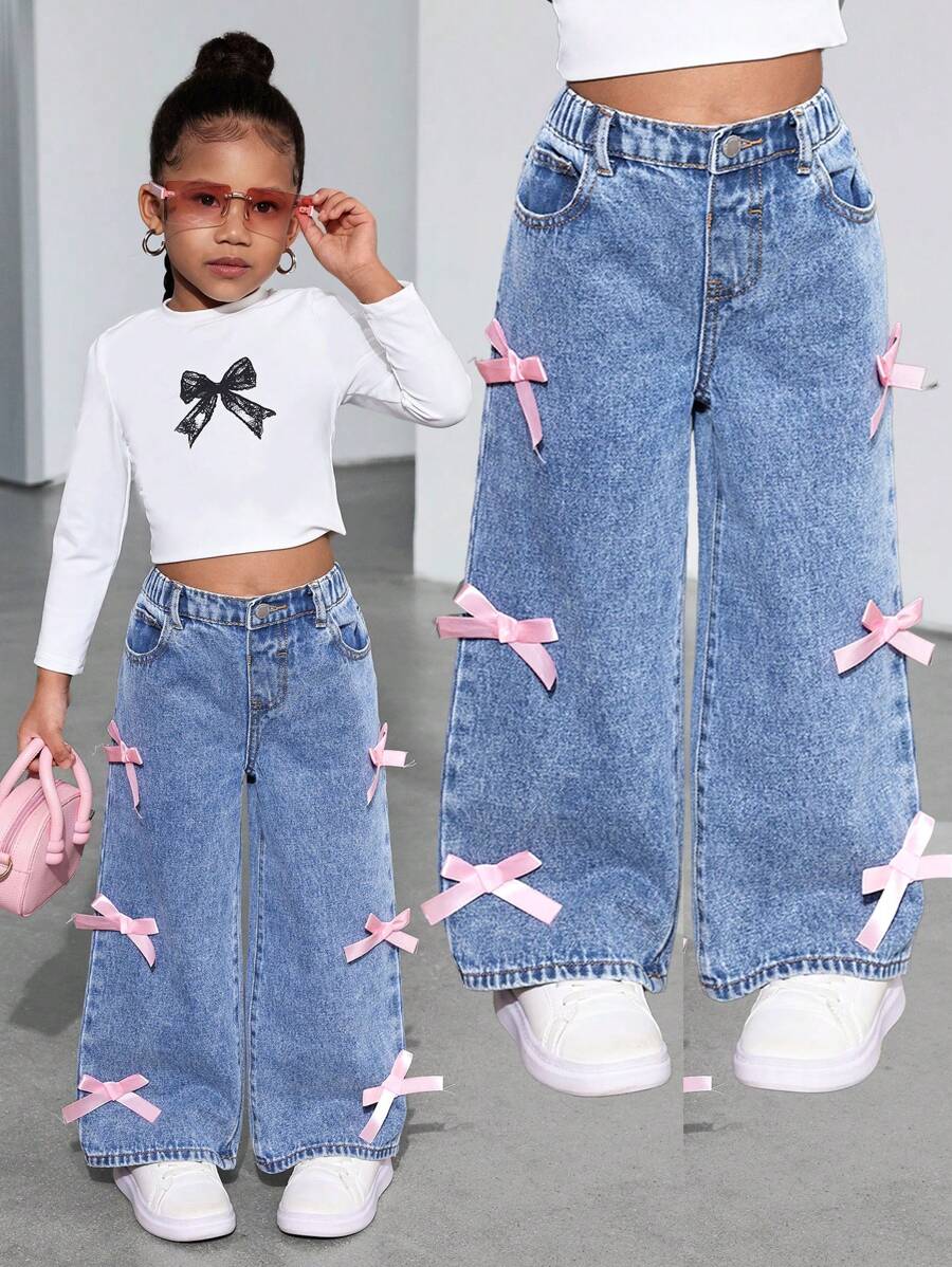 SHEIN Young Girl Y2K Cute Pink Bow Decor Loose Blue Denim Wide Leg Pants, Girl Fall And Winter Denim Jeans,Cool/Girls Thanksgiving, - Light Wash - View 1