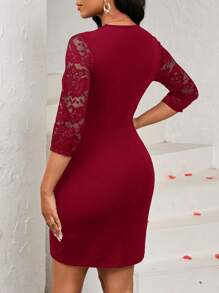 SHEIN Lady Women Elegant Party Solid Color Lace Patchwork Wrap Fitted Dress,Summer Dresses For Women - Burgundy - View 2